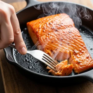 A hand using a fork to flake a cooked glazed salmon fillet, revealing its tender interior.