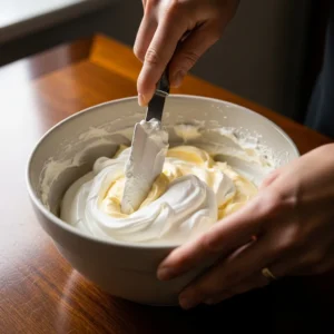 Carefully folding the whipped cream into the mascarpone and zabaglione mixture.