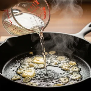 Pouring starchy pasta water from a measuring cup into a skillet with butter.