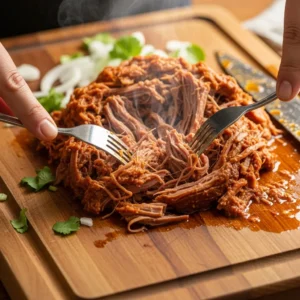 A hand using two forks to shred tender, braised birria beef on a wooden board.