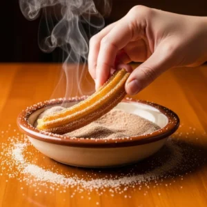 A hand rolling a hot, fried churro in a bowl of cinnamon and sugar.