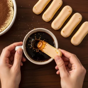 Quickly dipping a ladyfinger into espresso coffee for the tiramisu layers.