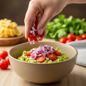 A hand folding diced red onion and chopped tomatoes into the guacamole.