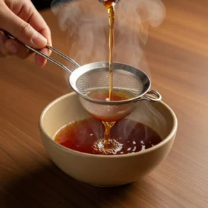 A hand straining birria braising liquid through a mesh sieve into a ceramic bowl.