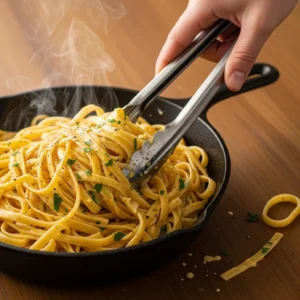 Tossing cooked fettuccine in a skillet with creamy parmesan Alfredo sauce.