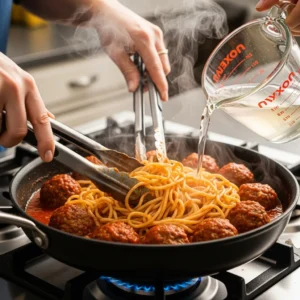 A person's hands tossing cooked spaghetti with sauce and meatballs in a large skillet.