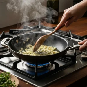 A hand sautéing onions and garlic in a skillet on a stove with flame.