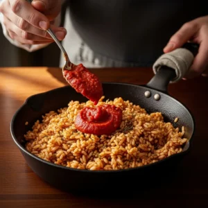 Close-up of a hand toasting rice with tomato paste in a skillet.
