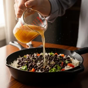A hand pouring vegetable broth into a skillet of rice and beans.