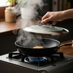 A skillet covered with a lid on a stove, steam escaping, a hand on the lid.