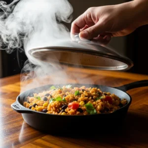 A hand removing the lid from a finished skillet of rice and beans, releasing steam.
