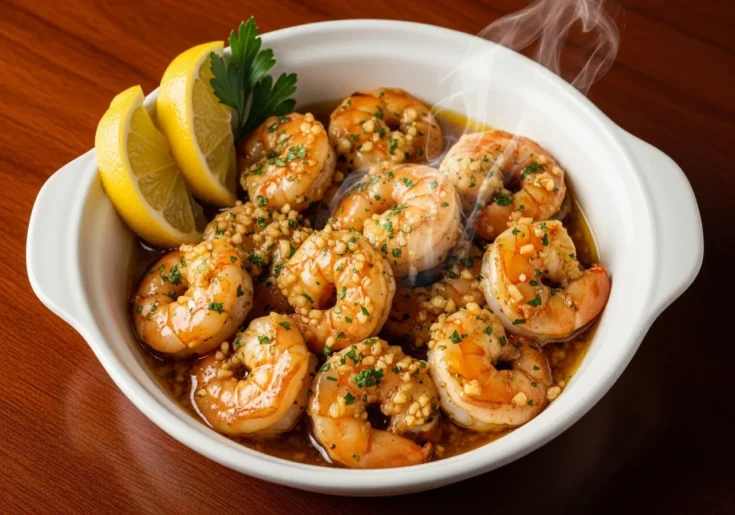 The definitive photo of the finished garlic butter shrimp recipe in a white bowl.