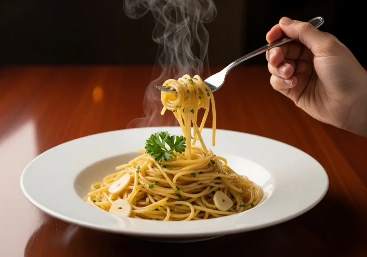 Perfect portion of spaghetti aglio e olio with fork lift.