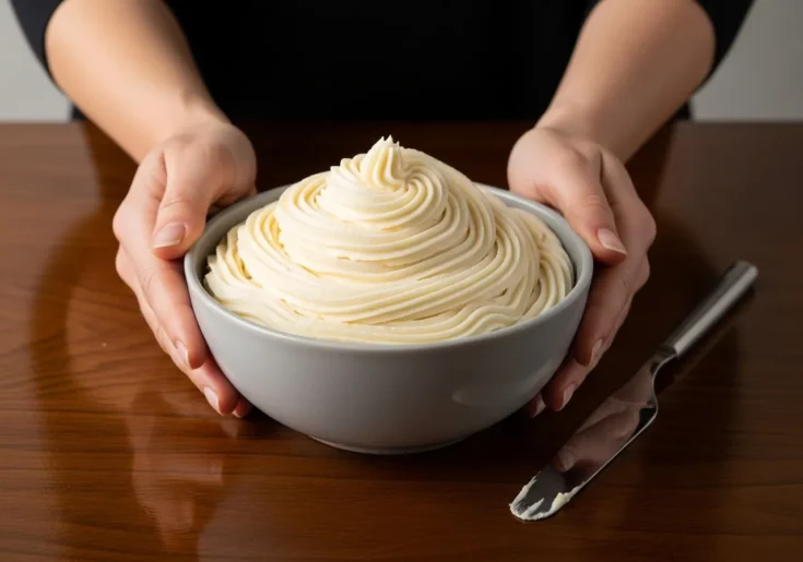 A full bowl of perfectly swirled homemade vanilla buttercream frosting.