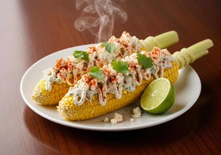 The final Elotes dish, fully assembled with sauce, feta, and cilantro.