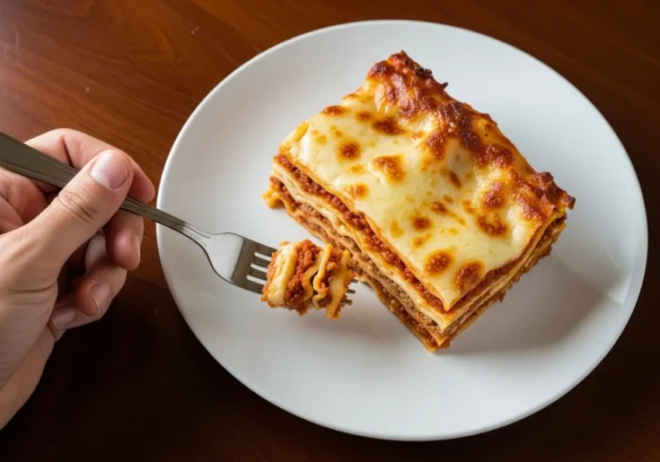 A perfect slice of homemade classic beef lasagna on a plate, showing all the distinct layers.