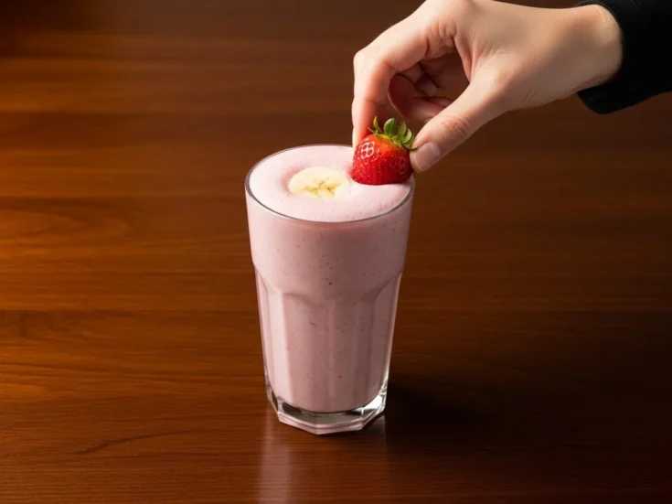 The best 5-minute strawberry banana smoothie for kids in a glass with a strawberry garnish.