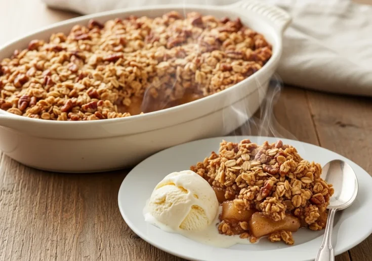 The main image of the finished baked apple crisp with a golden topping.