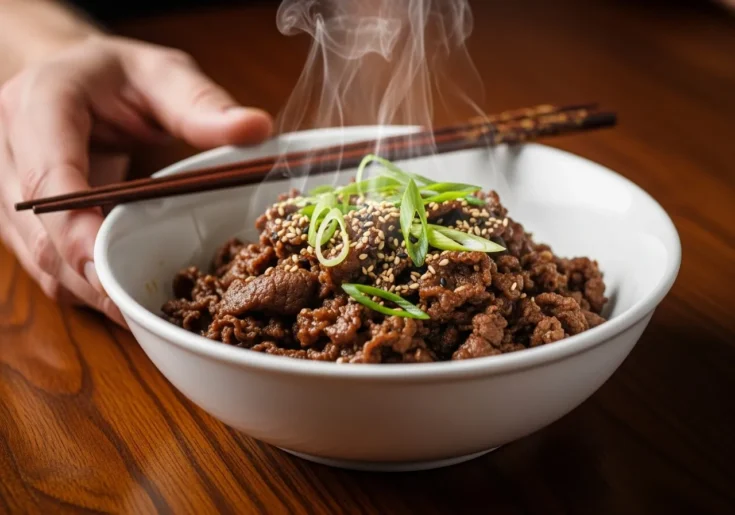A complete serving of Beef Bulgogi in a bowl with chopsticks, ready to eat.