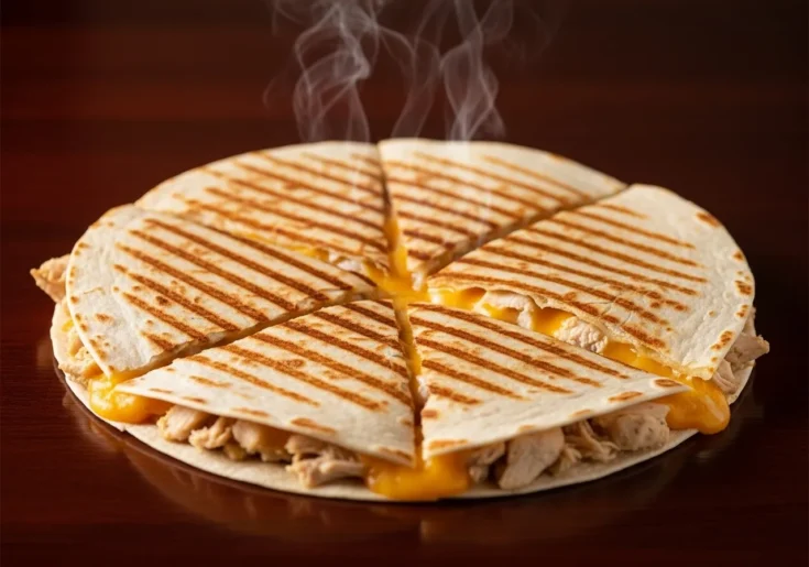 The final cooked chicken quesadilla, sliced and served on a dark wood table.