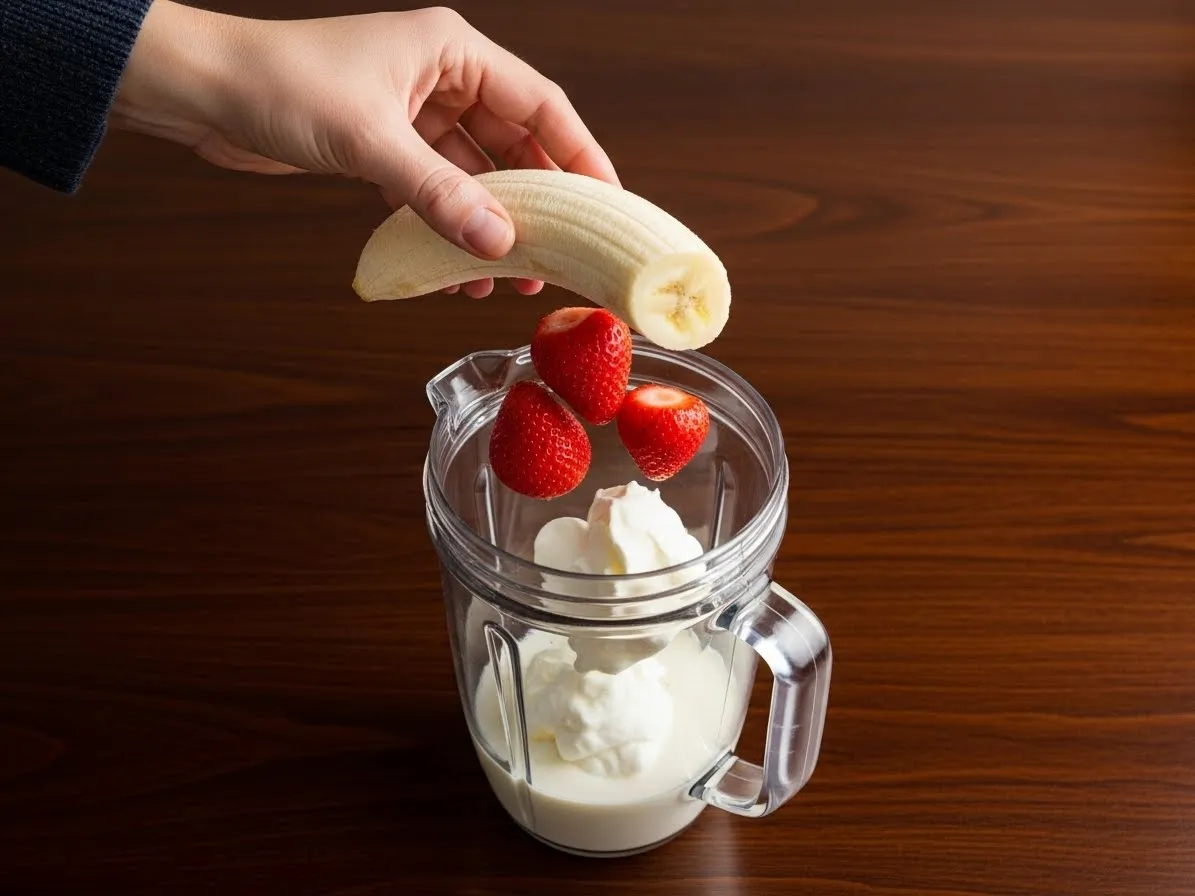 Combining all the main smoothie ingredients inside a blender.