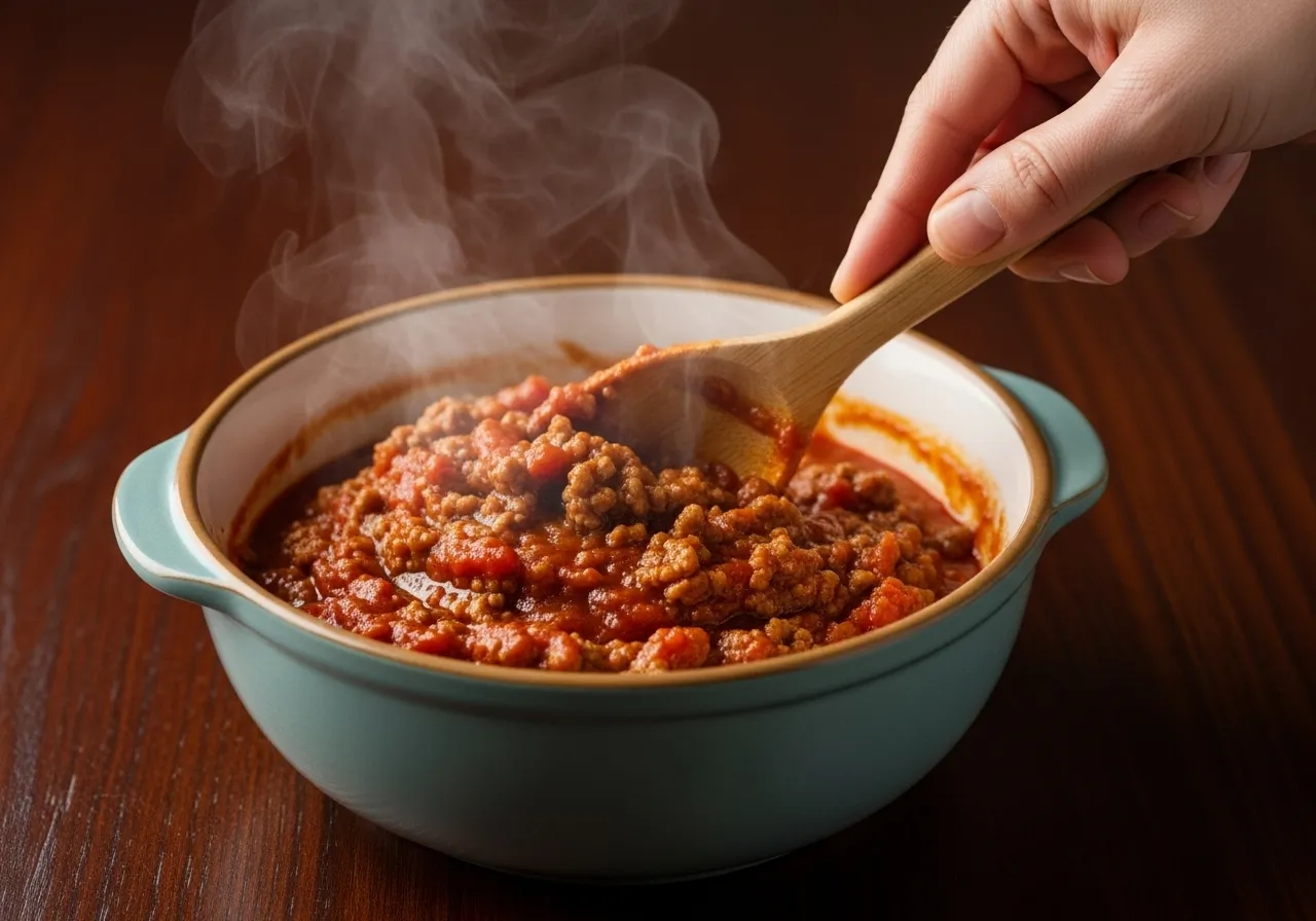 The rich, thick meat and tomato sauce for the lasagna in a ceramic bowl.