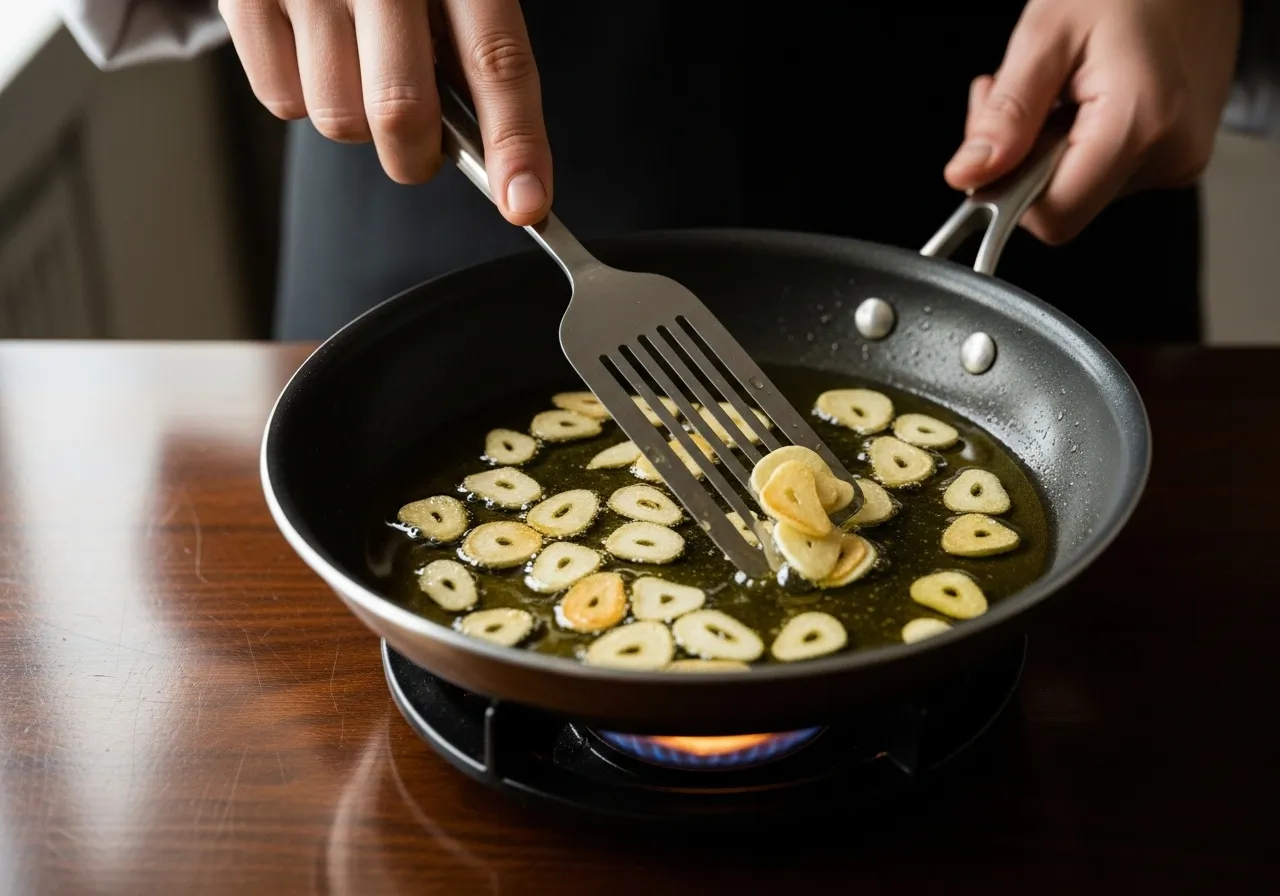 Garlic slices toasting in golden olive oil in pan.