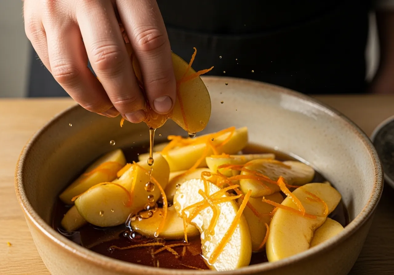 Apples mixed with maple syrup in a baker for the first step.