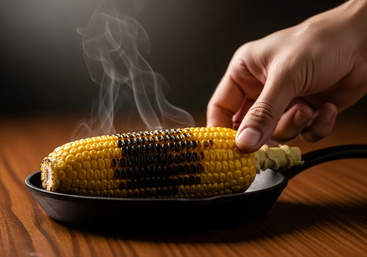 A freshly charred ear of corn placed on a dark wood table.