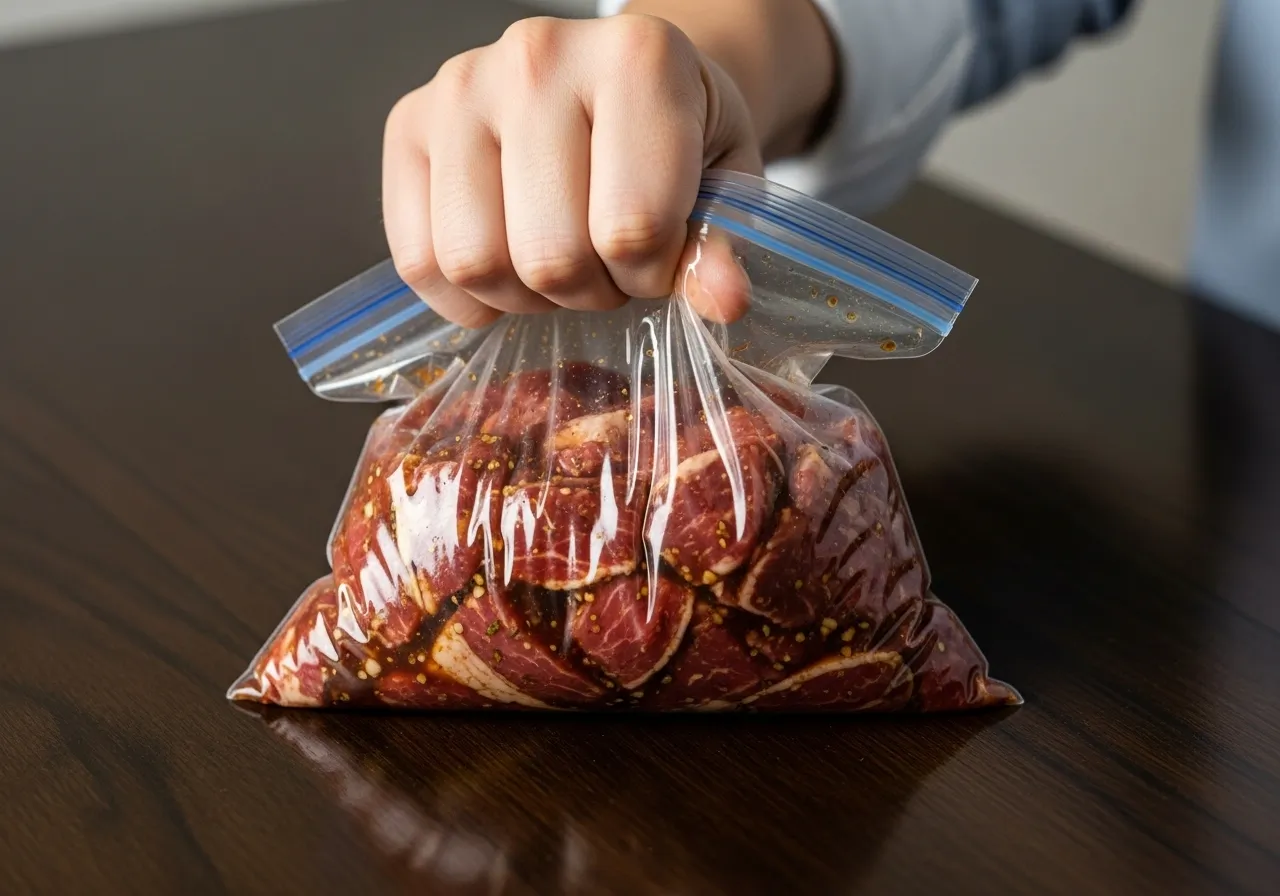 A hand squeezing a sealed bag of beef bulgogi during the marination process.