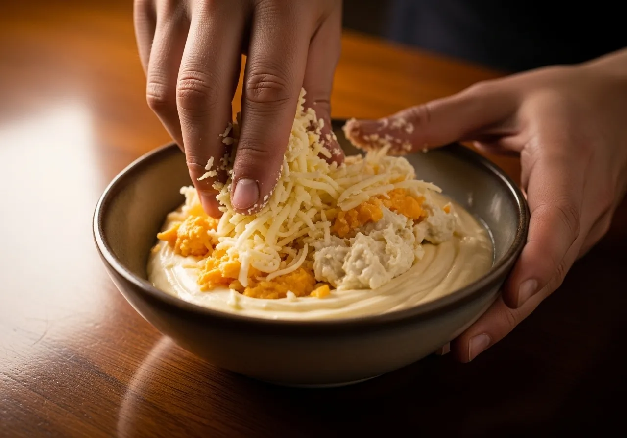 A hand mixing the three-cheese blend in a ceramic bowl.