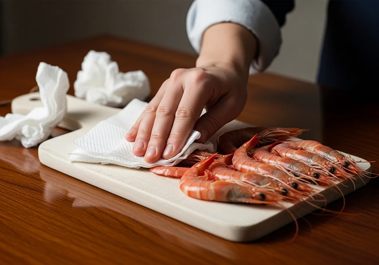 A hand drying raw shrimp with a paper towel on a cutting board.