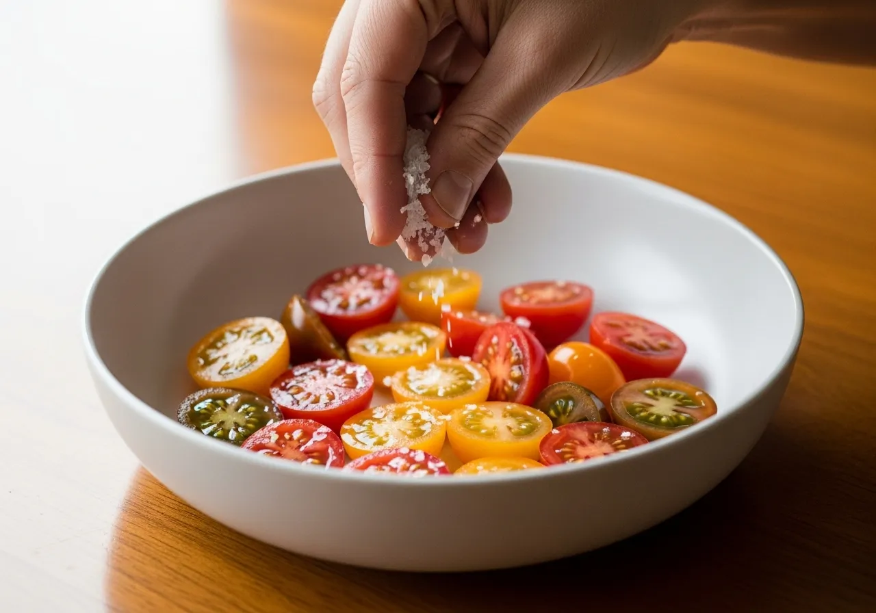 A hand salting halved cherry tomatoes in a ceramic bowl.