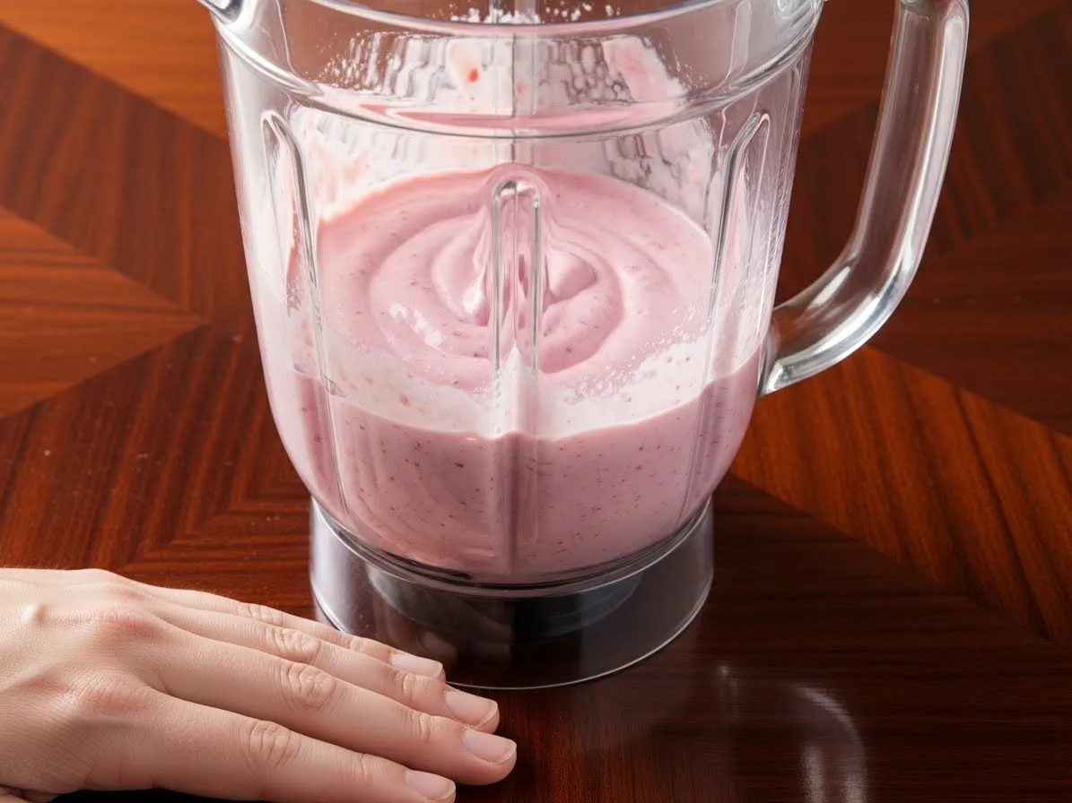 A side view of the creamy, pink smoothie mixture inside the blender jar.