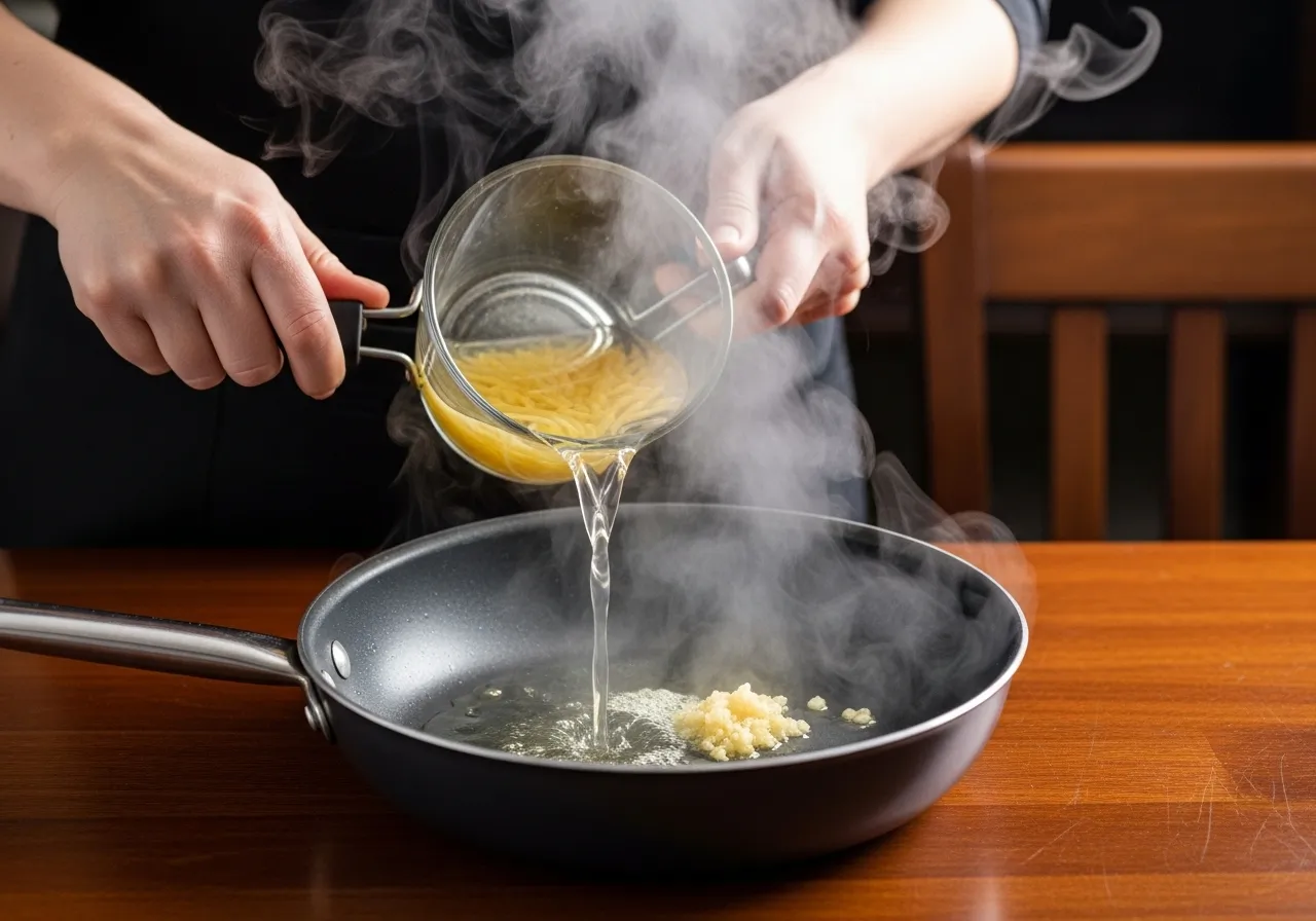 Starchy pasta water being added to garlic oil sauce.