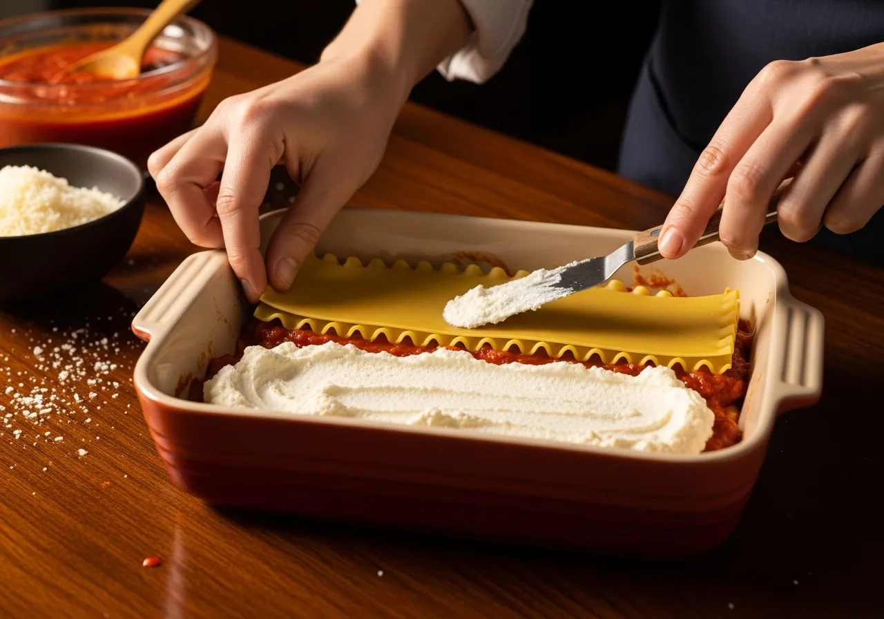 Hands assembling a layer of lasagna with noodles, ricotta, and meat sauce.