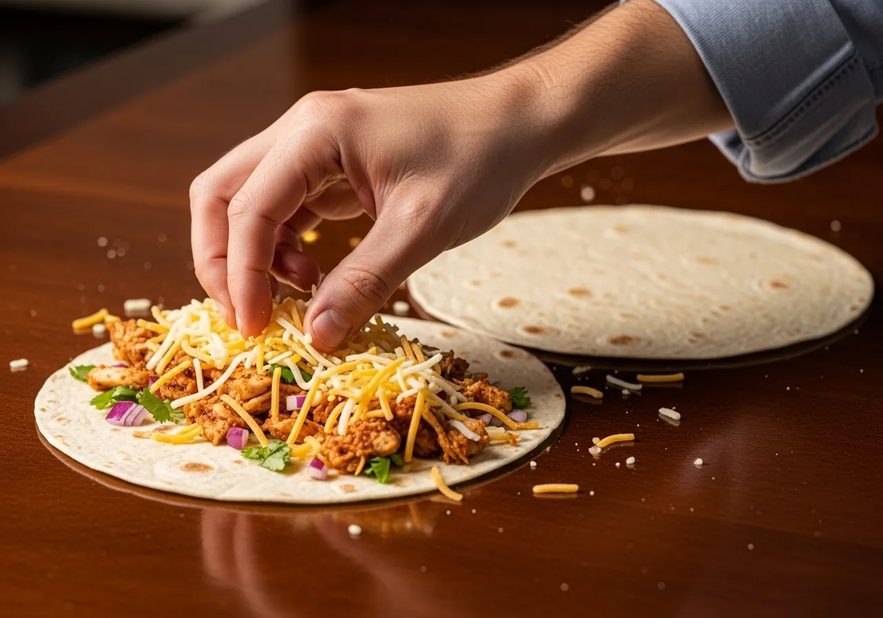 A hand assembling a quesadilla with cheese and chicken on a tortilla.