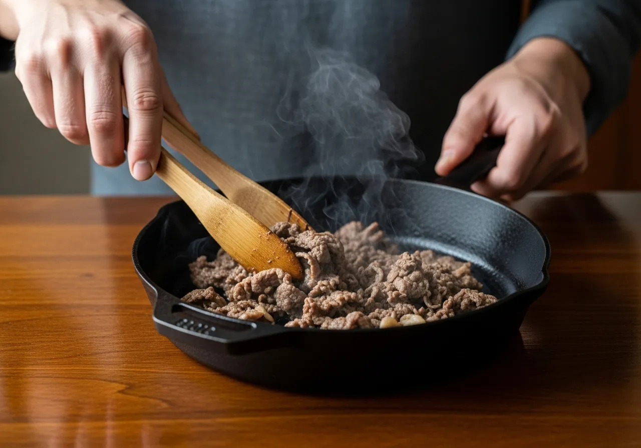A hand searing the marinated beef bulgogi in a hot cast-iron skillet.