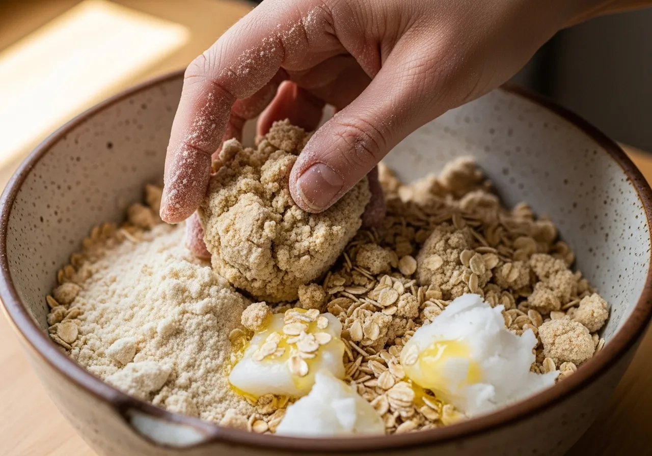 The oat and almond flour crumble topping mixed in a bowl.