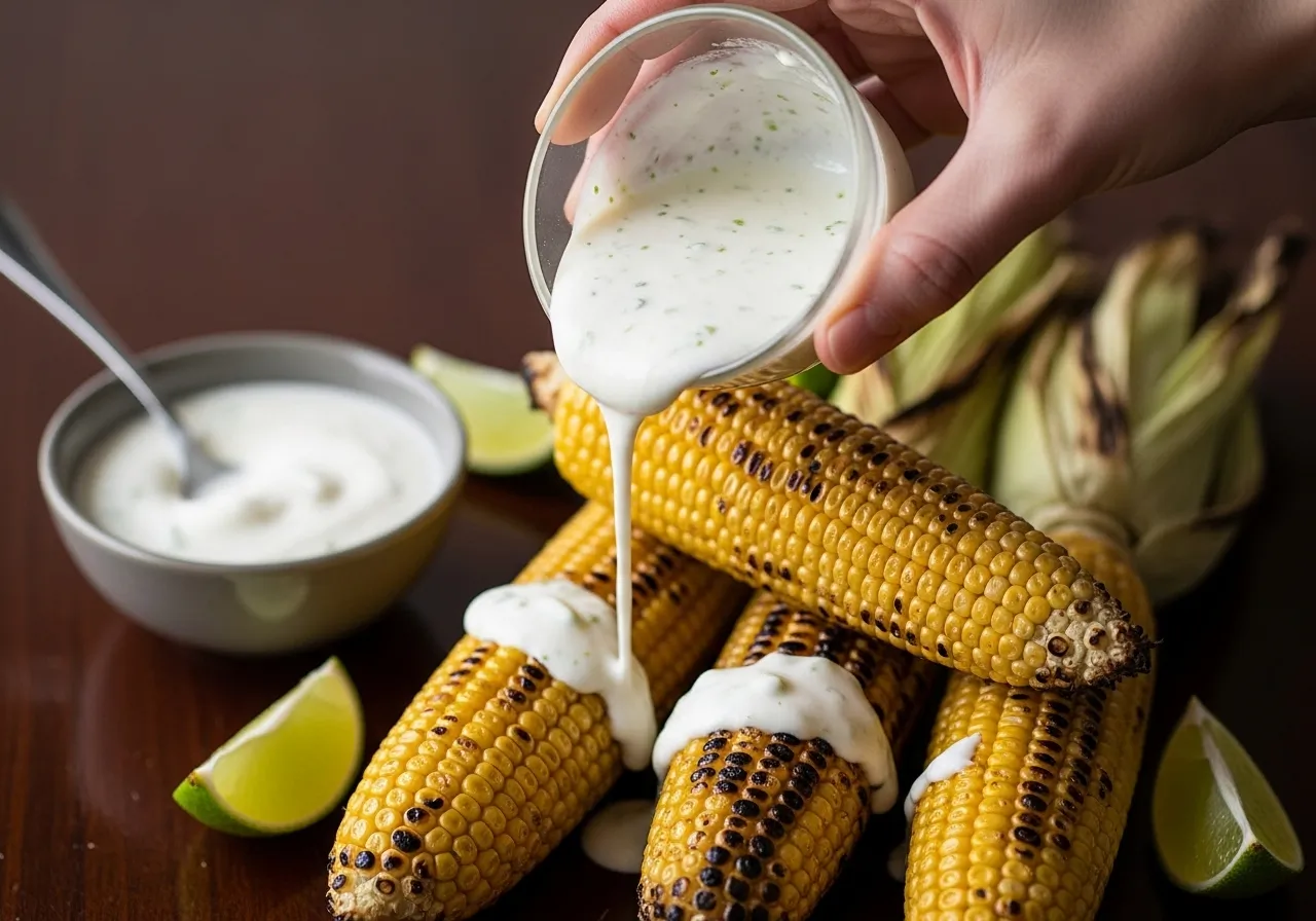 A hand drizzling creamy sauce over a charred corn cob.