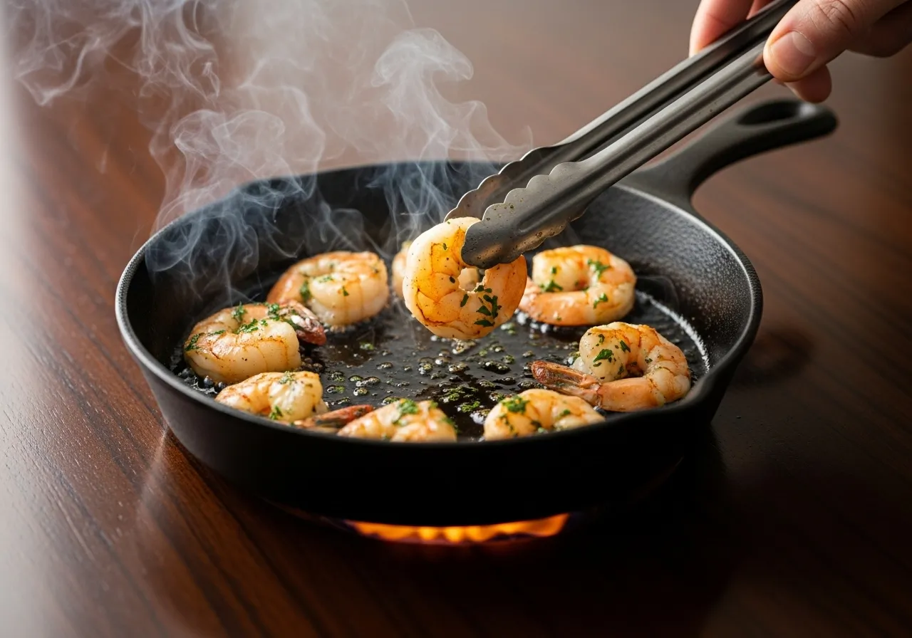 A hand flipping a shrimp in a sizzling skillet to show the seared side.