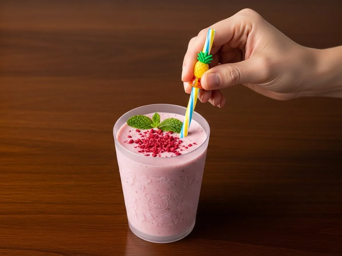 Adding a fun straw to a kids' cup filled with a pink smoothie.