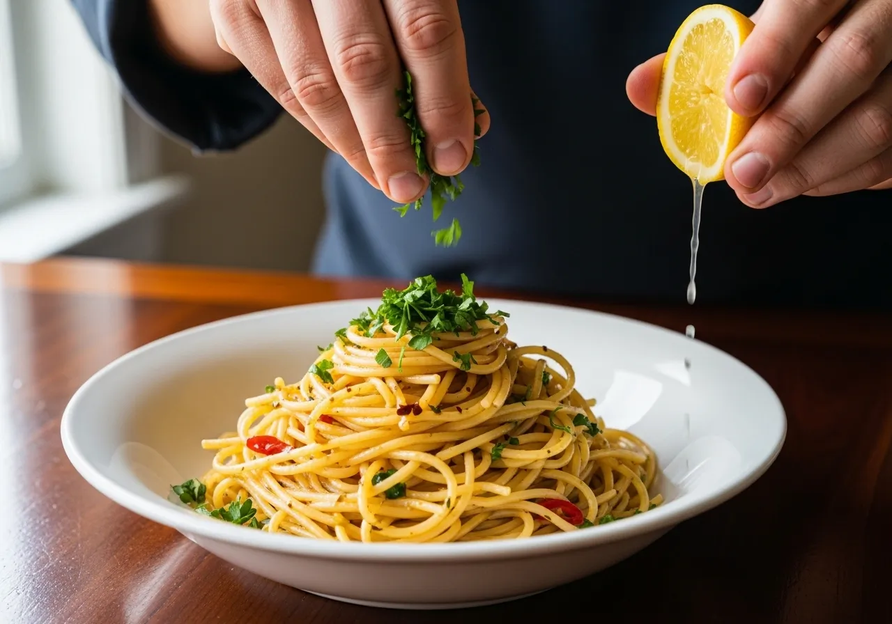 Adding fresh parsley and lemon to finished pasta.