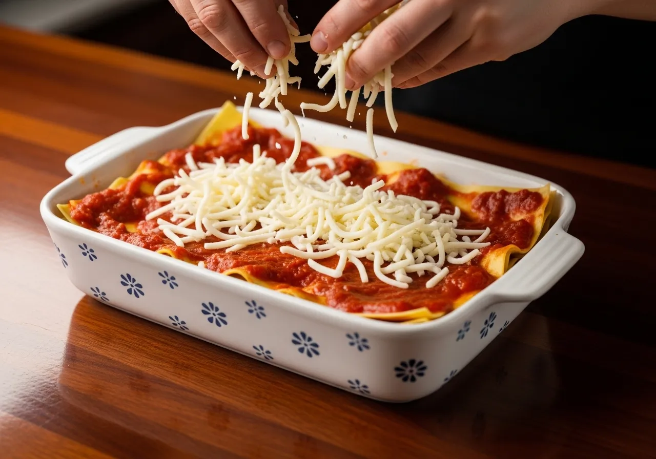 A hand adding the final layer of shredded mozzarella cheese to the unbaked lasagna.