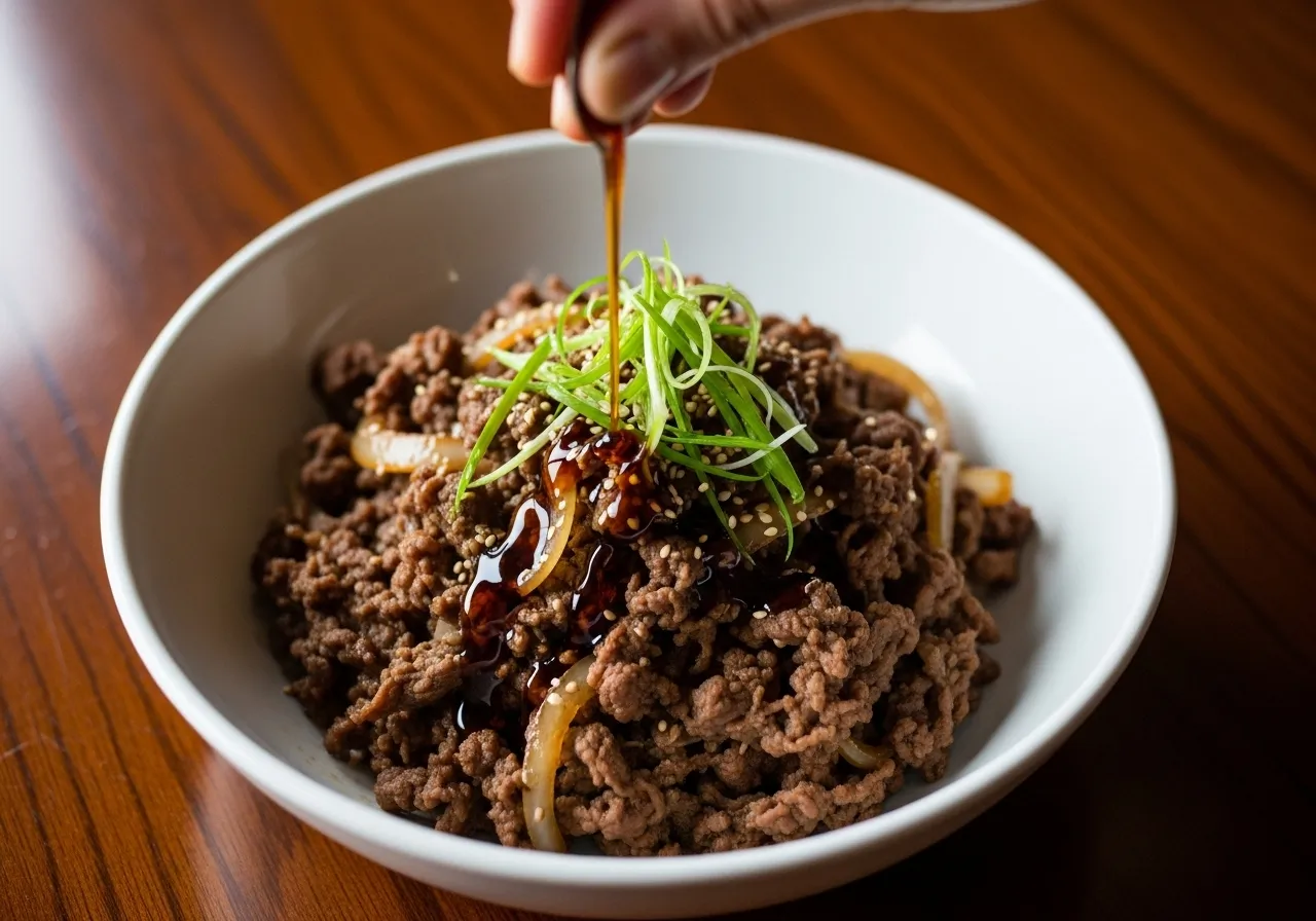 A hand drizzling the reduced pan juices over the finished Beef Bulgogi in a bowl.
