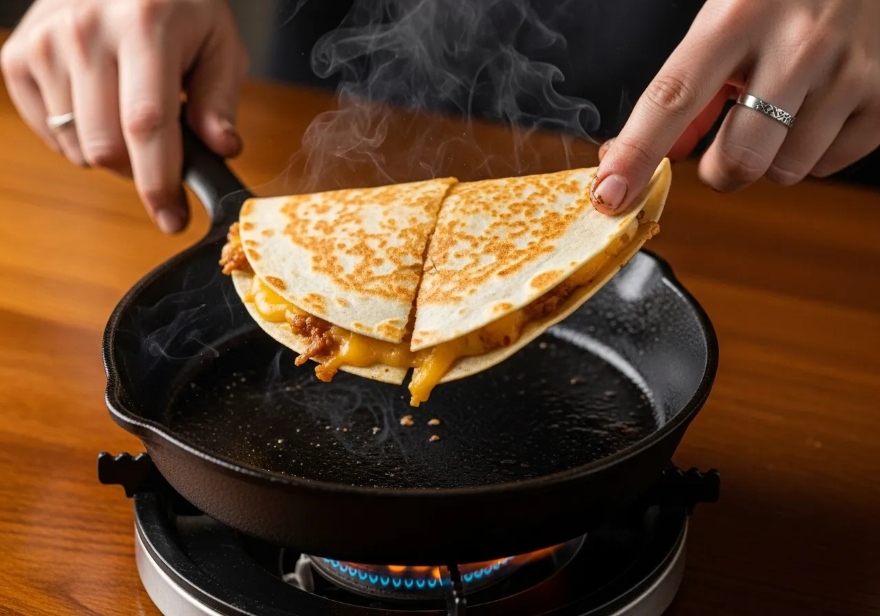 A hand flipping a golden quesadilla in a sizzling skillet.