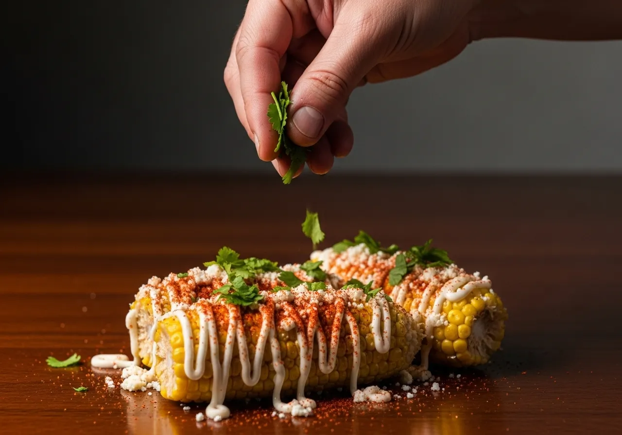 A hand garnishing a finished Elotes with fresh cilantro.