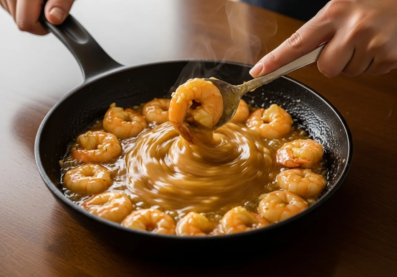 A hand swirling a skillet to coat shrimp in a glossy, finished sauce.