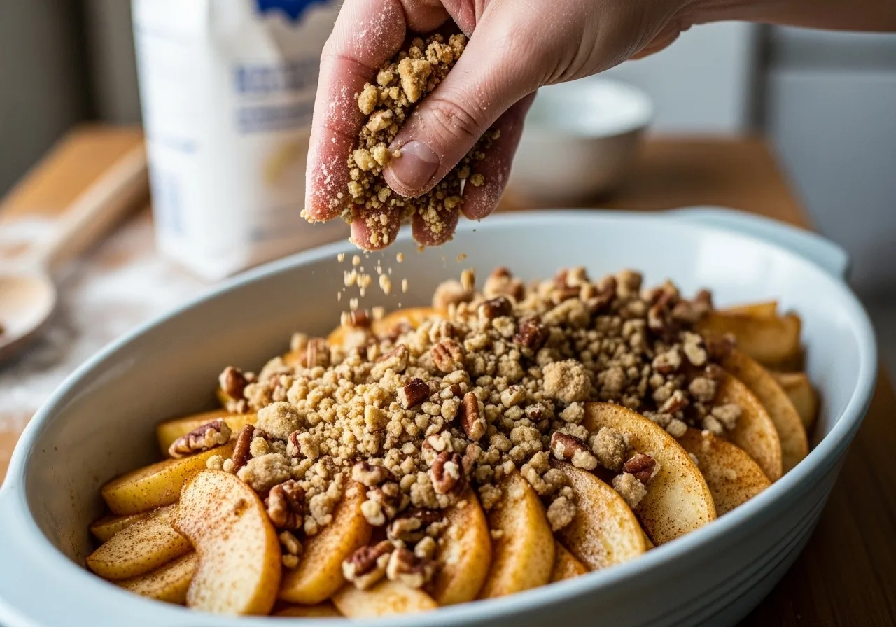 The crumble topping sprinkled over the apples before baking.