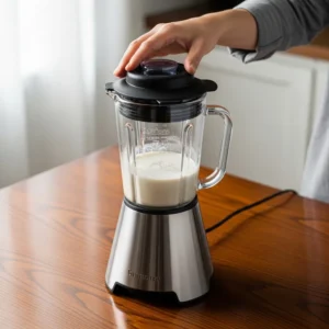 A person's hand placing a lid on a blender for making a smoothie.